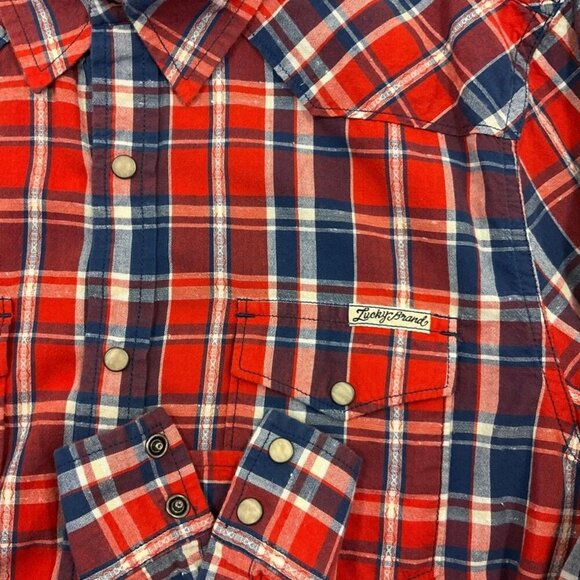 LUCKY BRAND Men's Red Plaid Pearl Snaps Shirt, size Medium - Picture 8 of 8